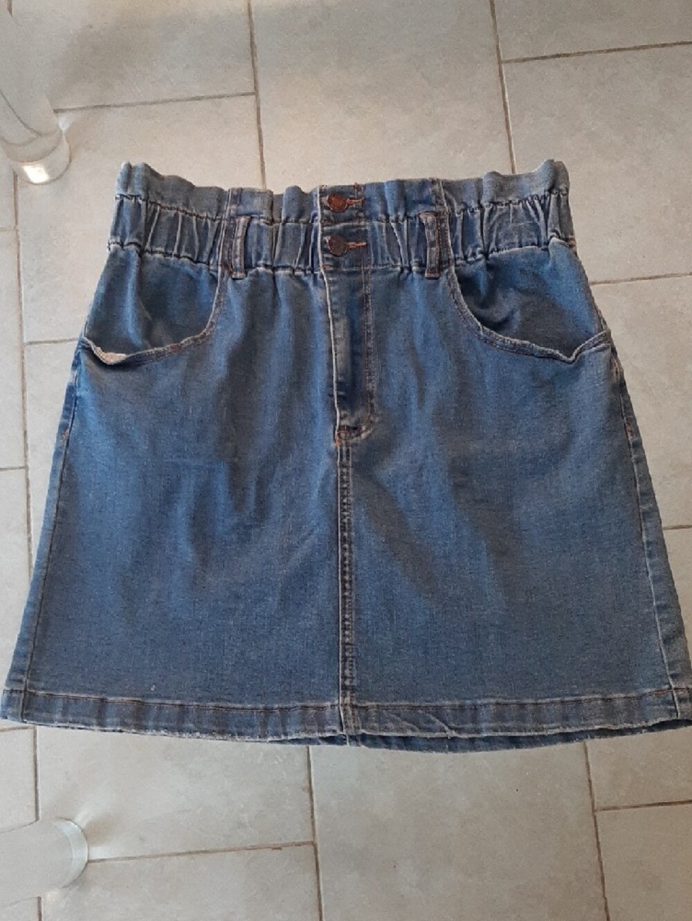 Dex💙Blue Denim Mini Skirt Elastic Waist Zipper+2 Buttons Front Pockets Sz 31 - Picture 2 of 8